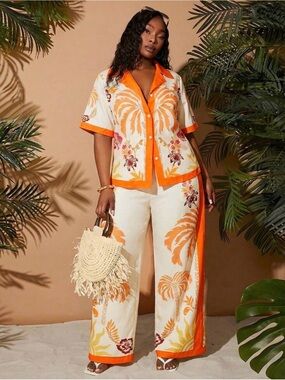 Women’s Orange Palm-Print Wide-Leg Jumpsuit Set